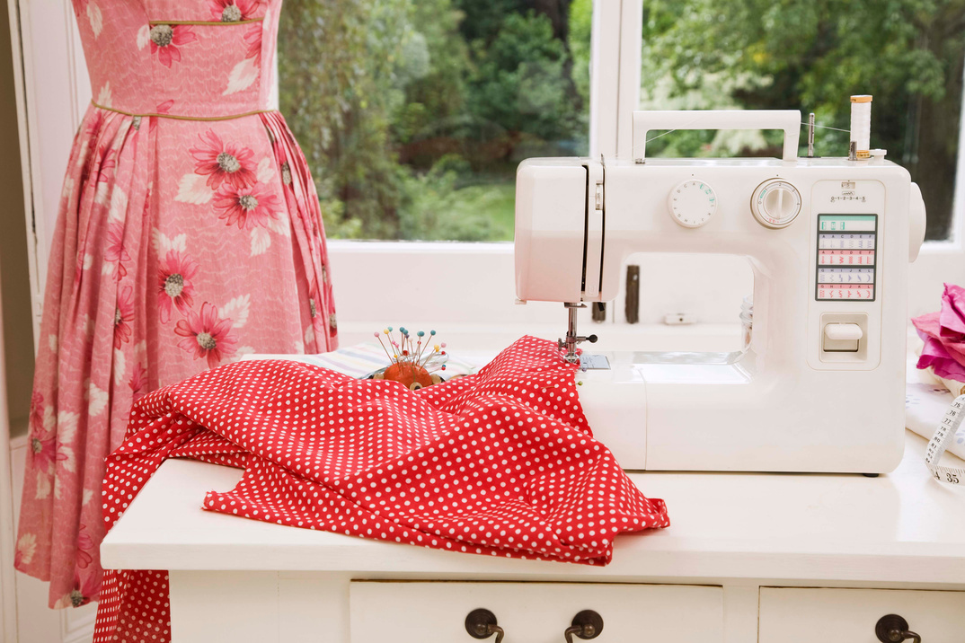 Sewing machine and polka dot fabric