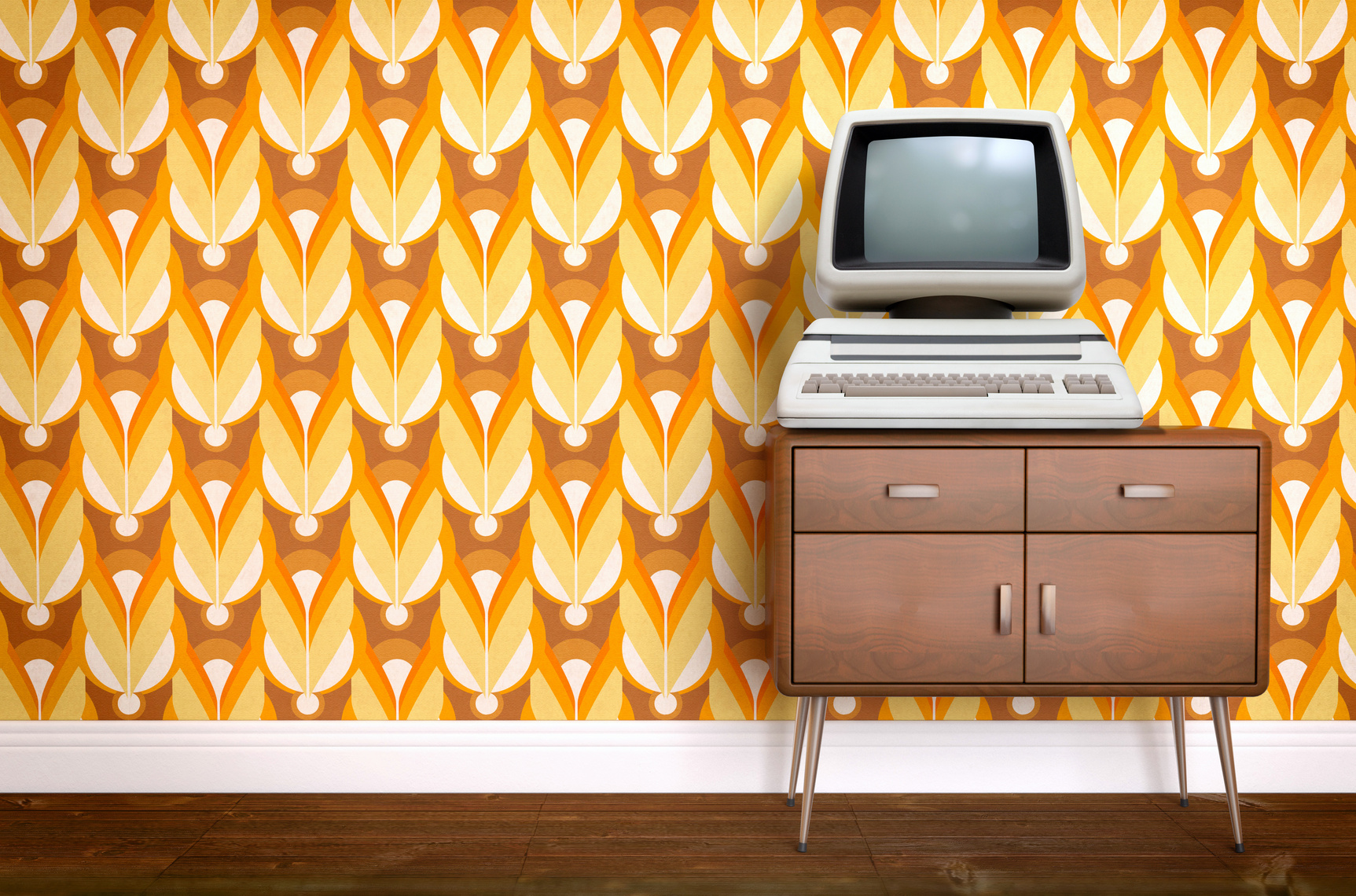 Vintage old computer on sixties, seventies wallpaper and furniture